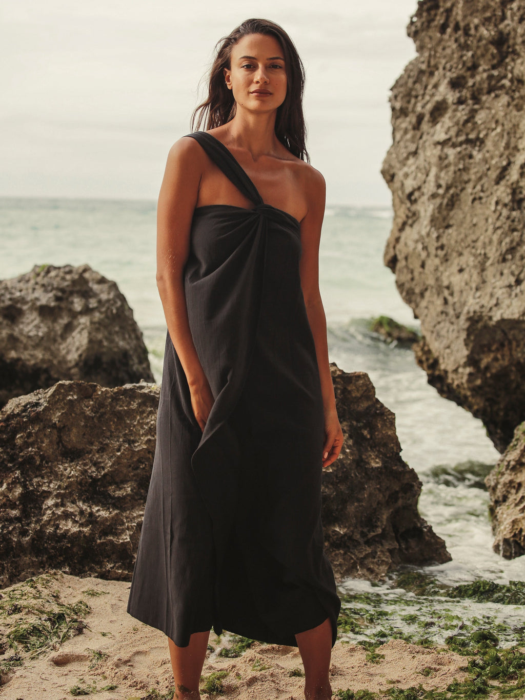 Pia One-Shoulder Maxi Dress in Black – 100% Turkish Cotton