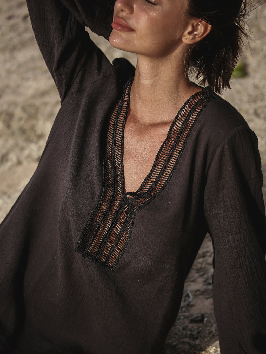 Positano Black Lace-Trimmed V-Neck Cotton Dress