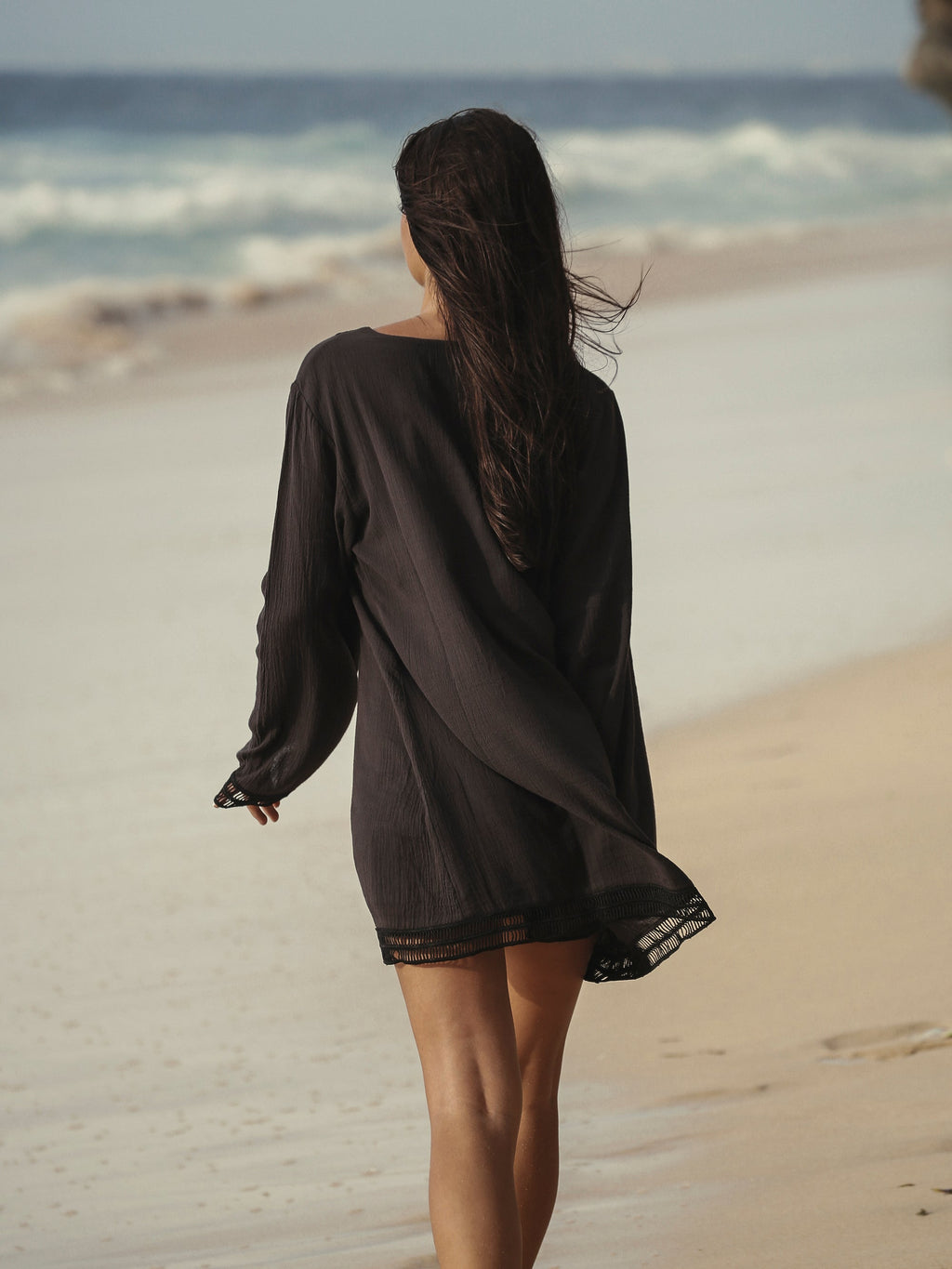 Positano Black Lace-Trimmed V-Neck Cotton Dress