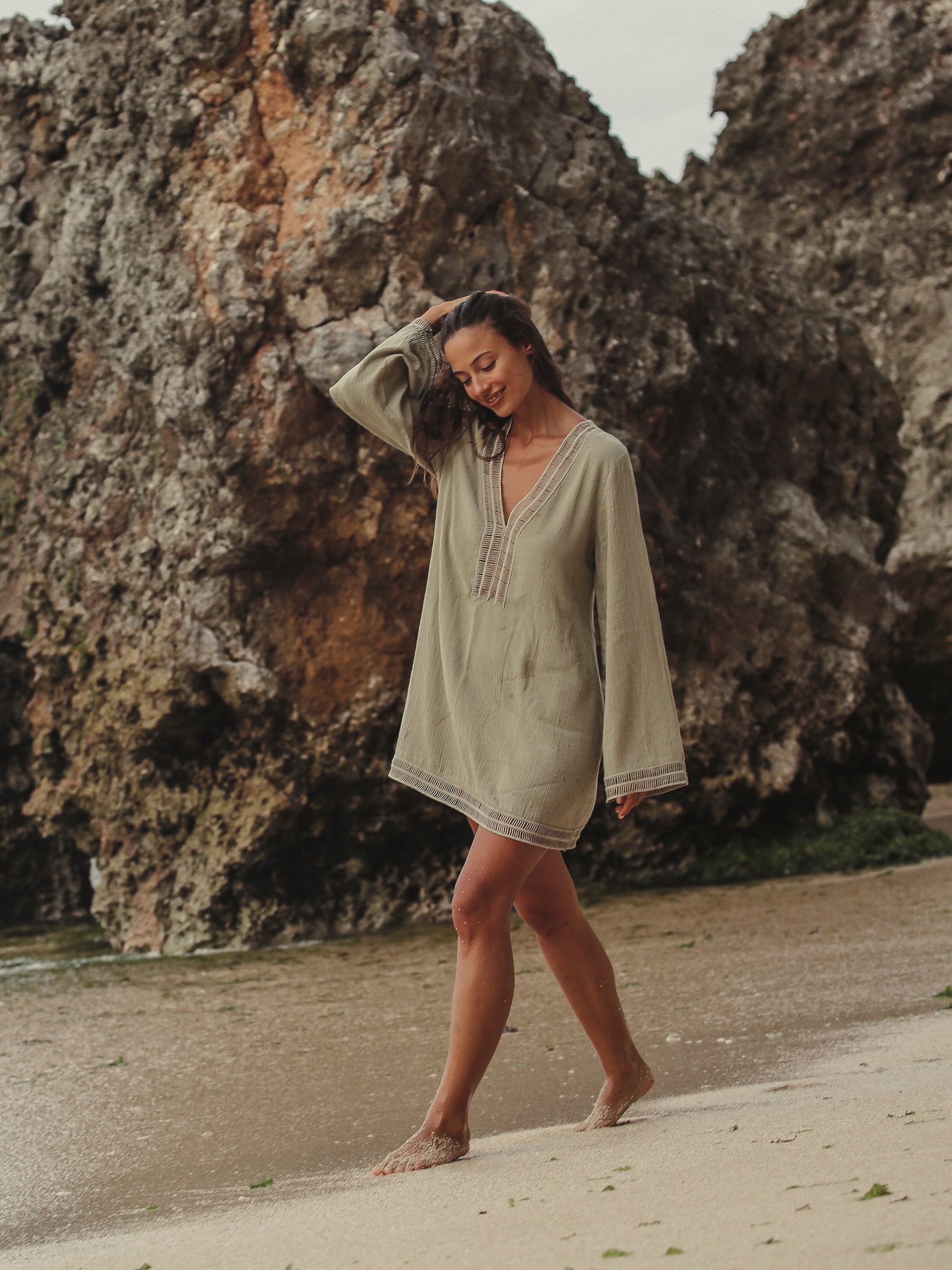 Positano Khaki Green Dress in 100% Turkish Cotton with Lace Trim