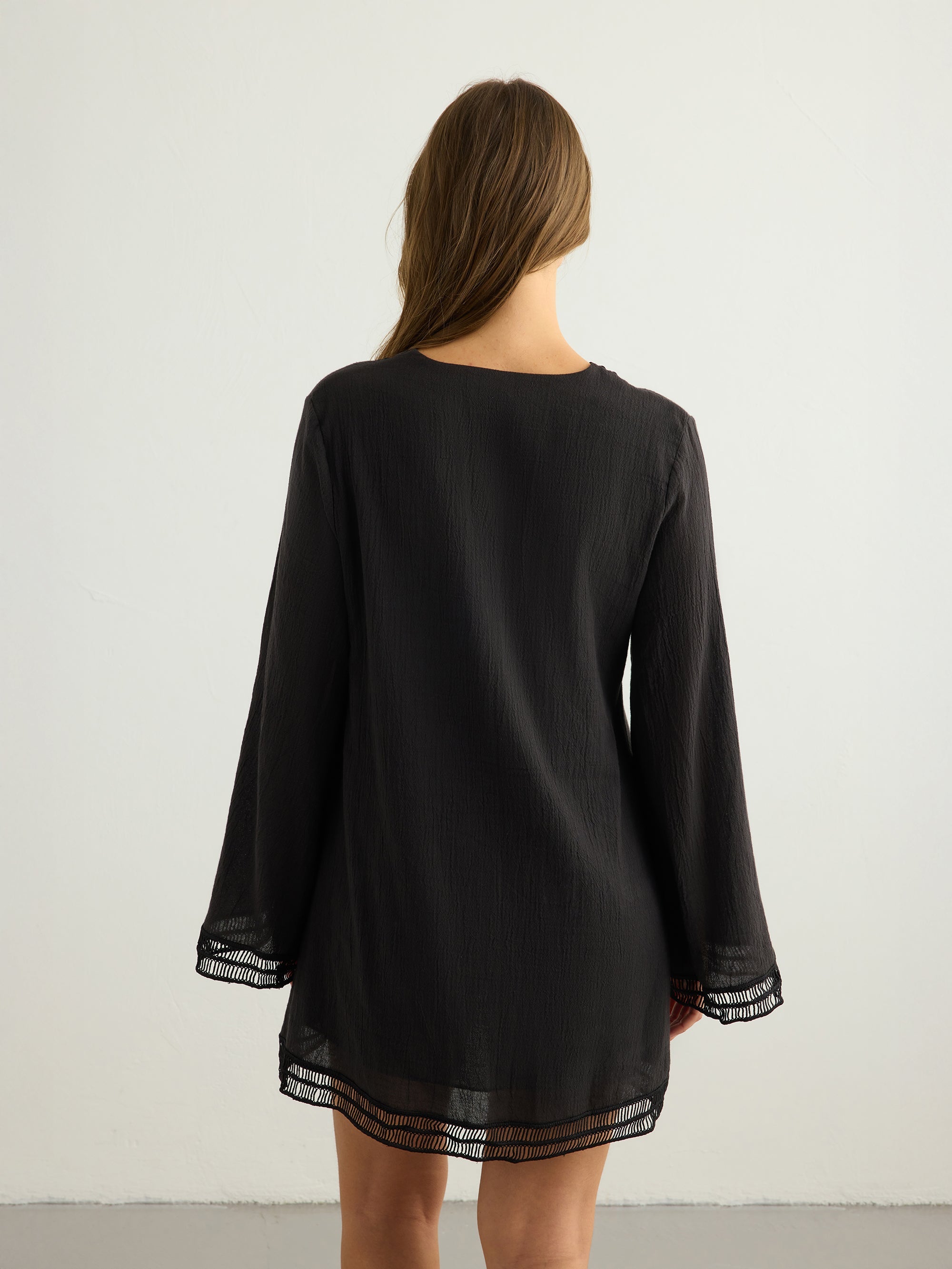 Positano Black Lace-Trimmed V-Neck Cotton Dress