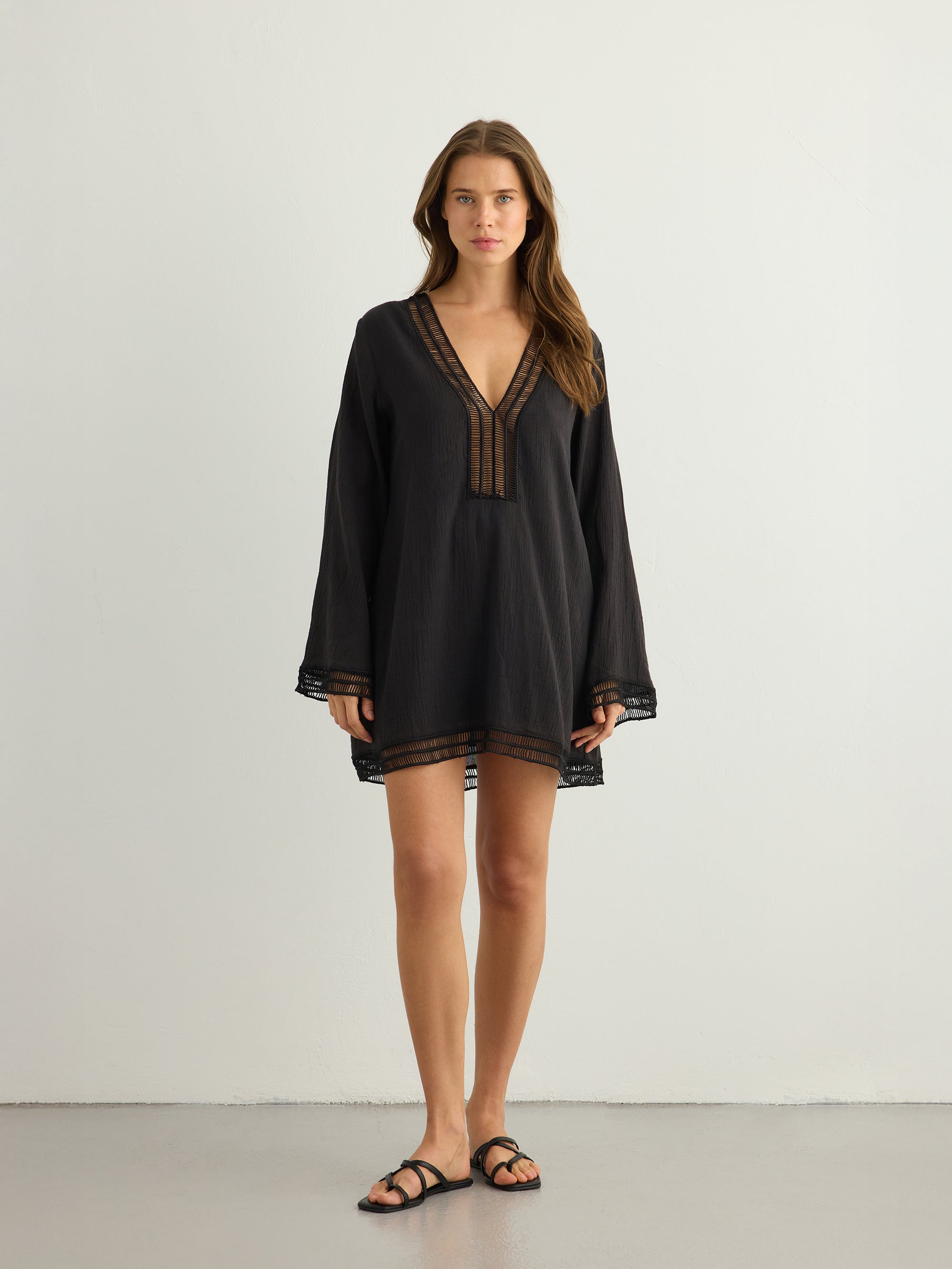 Positano Black Lace-Trimmed V-Neck Cotton Dress
