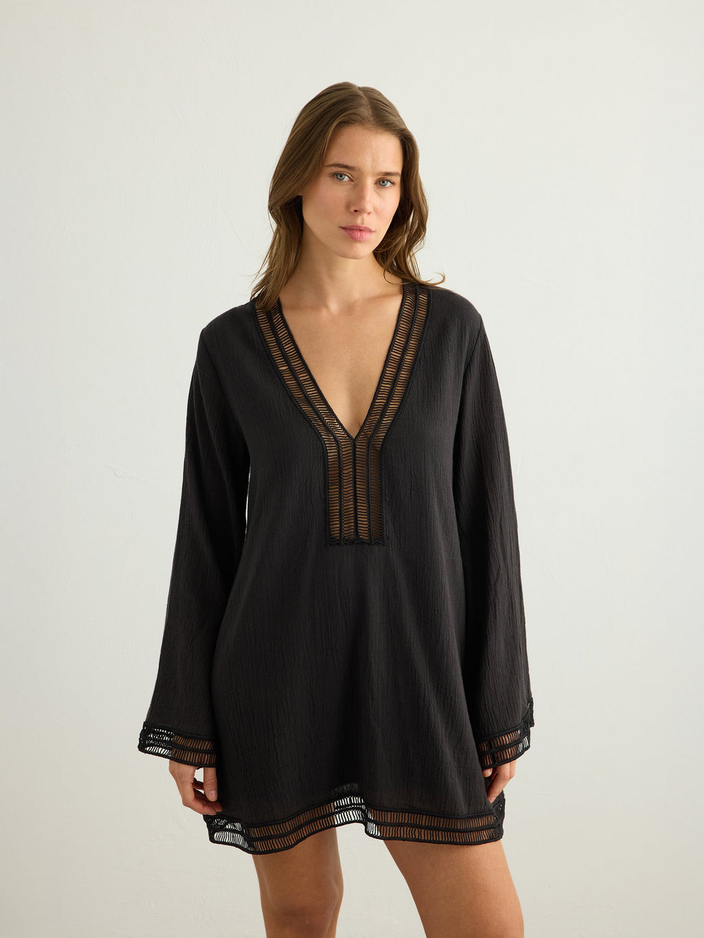 Positano Black Lace-Trimmed V-Neck Cotton Dress