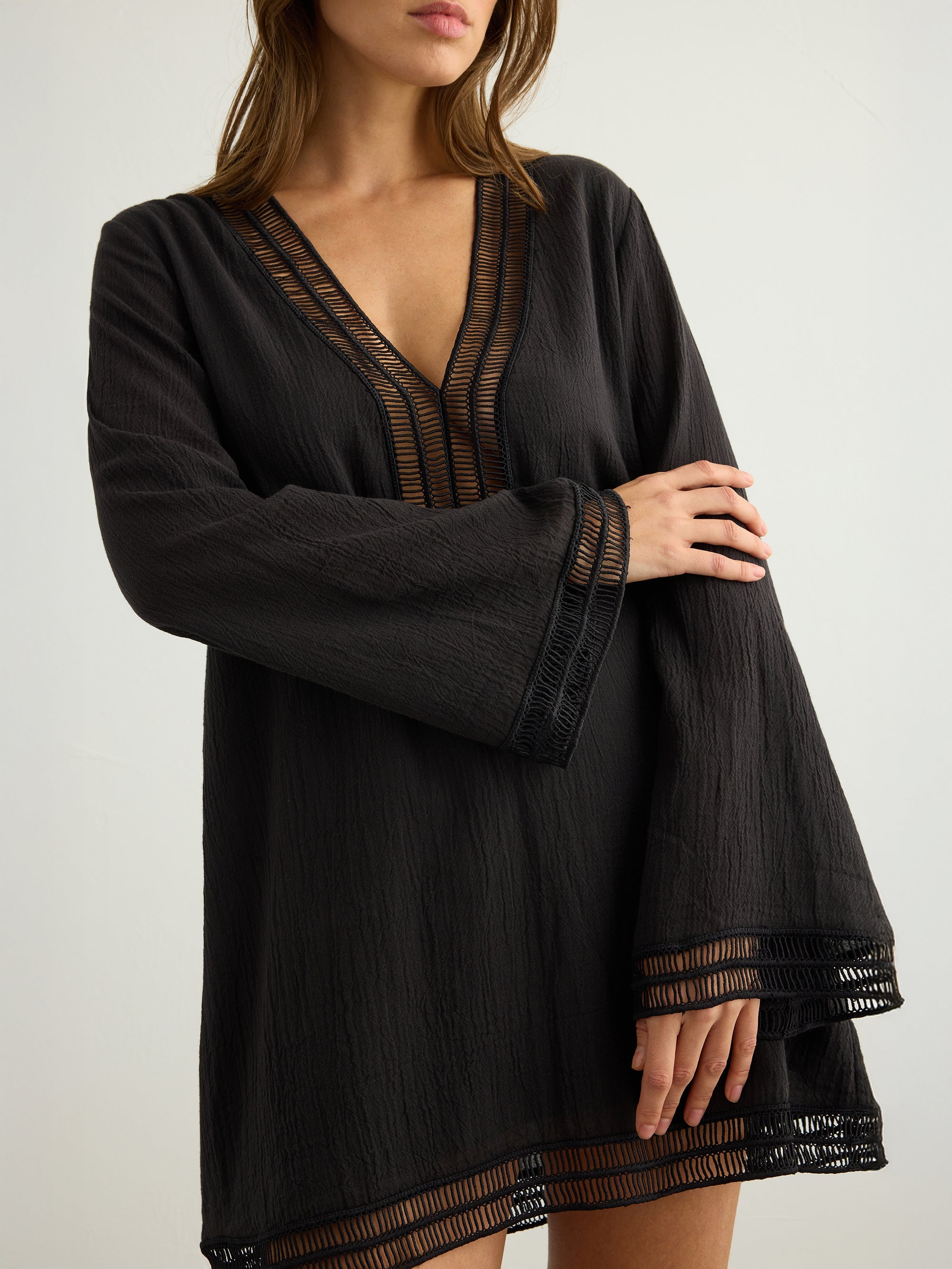 Positano Black Lace-Trimmed V-Neck Cotton Dress