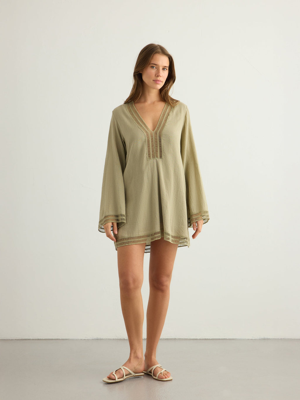 Positano Khaki Green Dress in 100% Turkish Cotton with Lace Trim