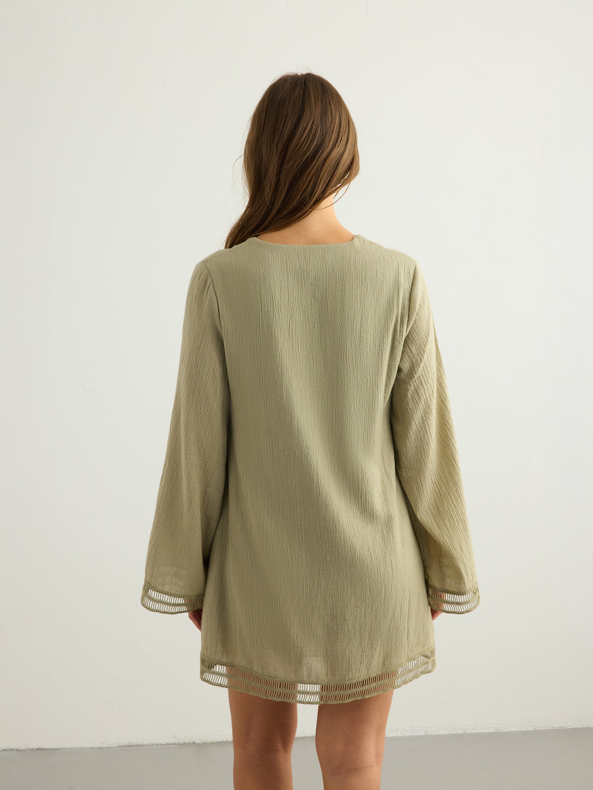 Positano Khaki Green Dress in 100% Turkish Cotton with Lace Trim