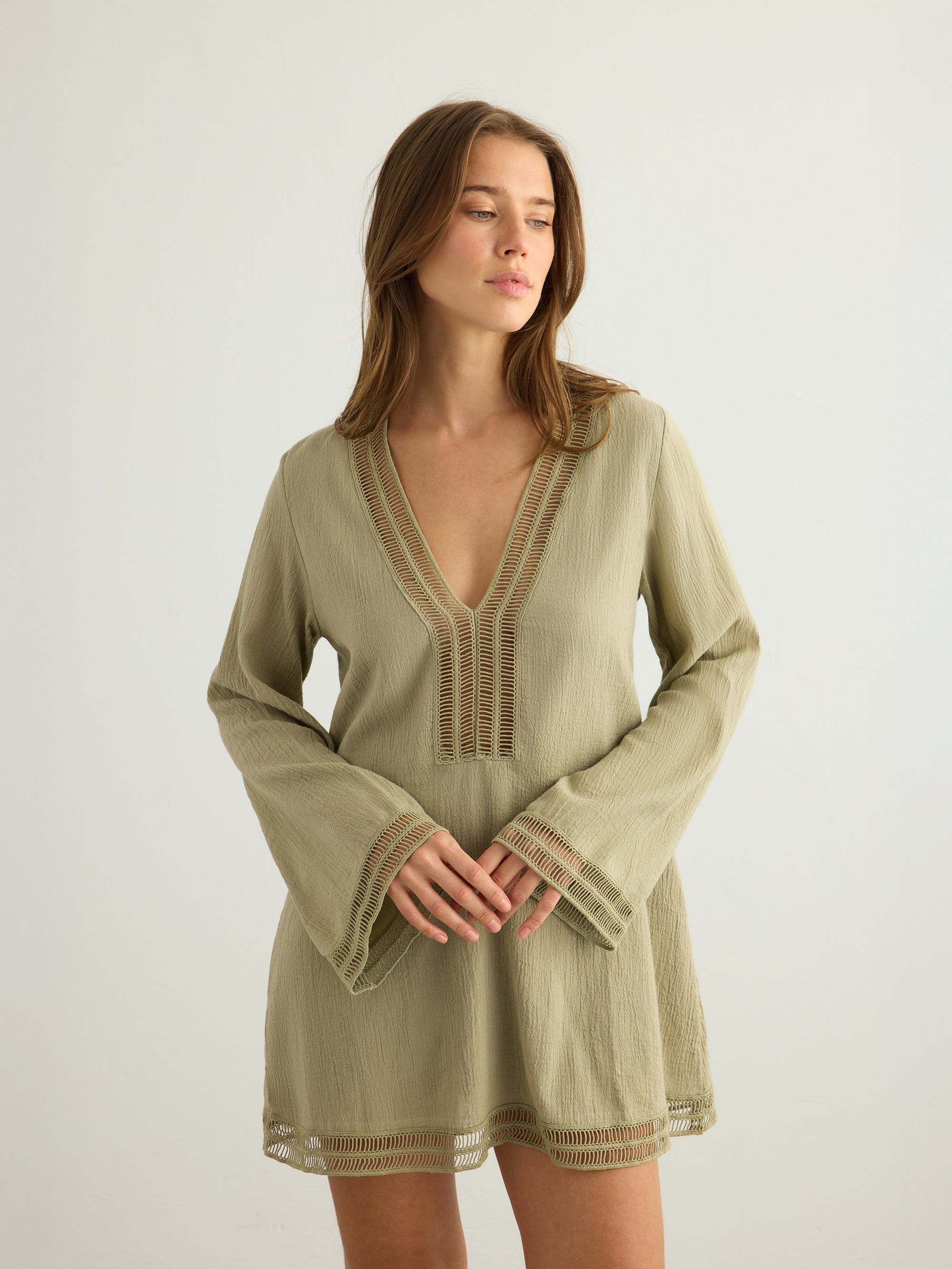Positano Khaki Green Dress in 100% Turkish Cotton with Lace Trim