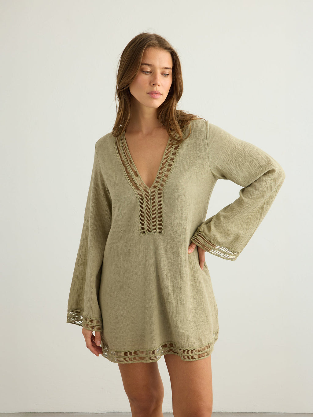 Positano Khaki Green Dress in 100% Turkish Cotton with Lace Trim