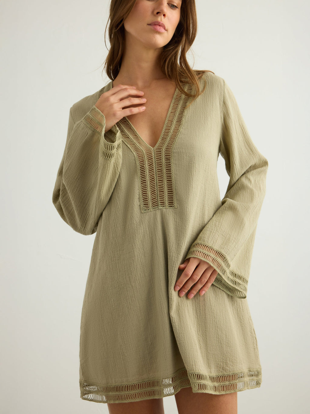 Positano Khaki Green Dress in 100% Turkish Cotton with Lace Trim