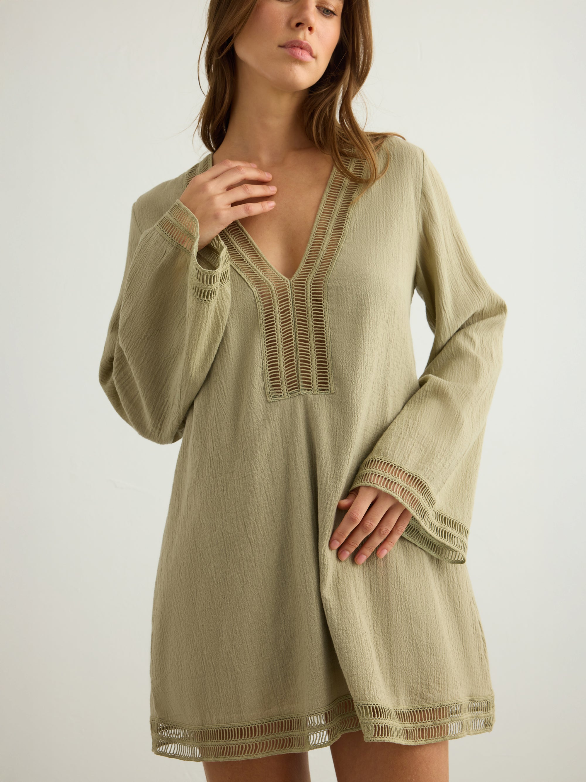 Positano Khaki Green Dress in 100% Turkish Cotton with Lace Trim