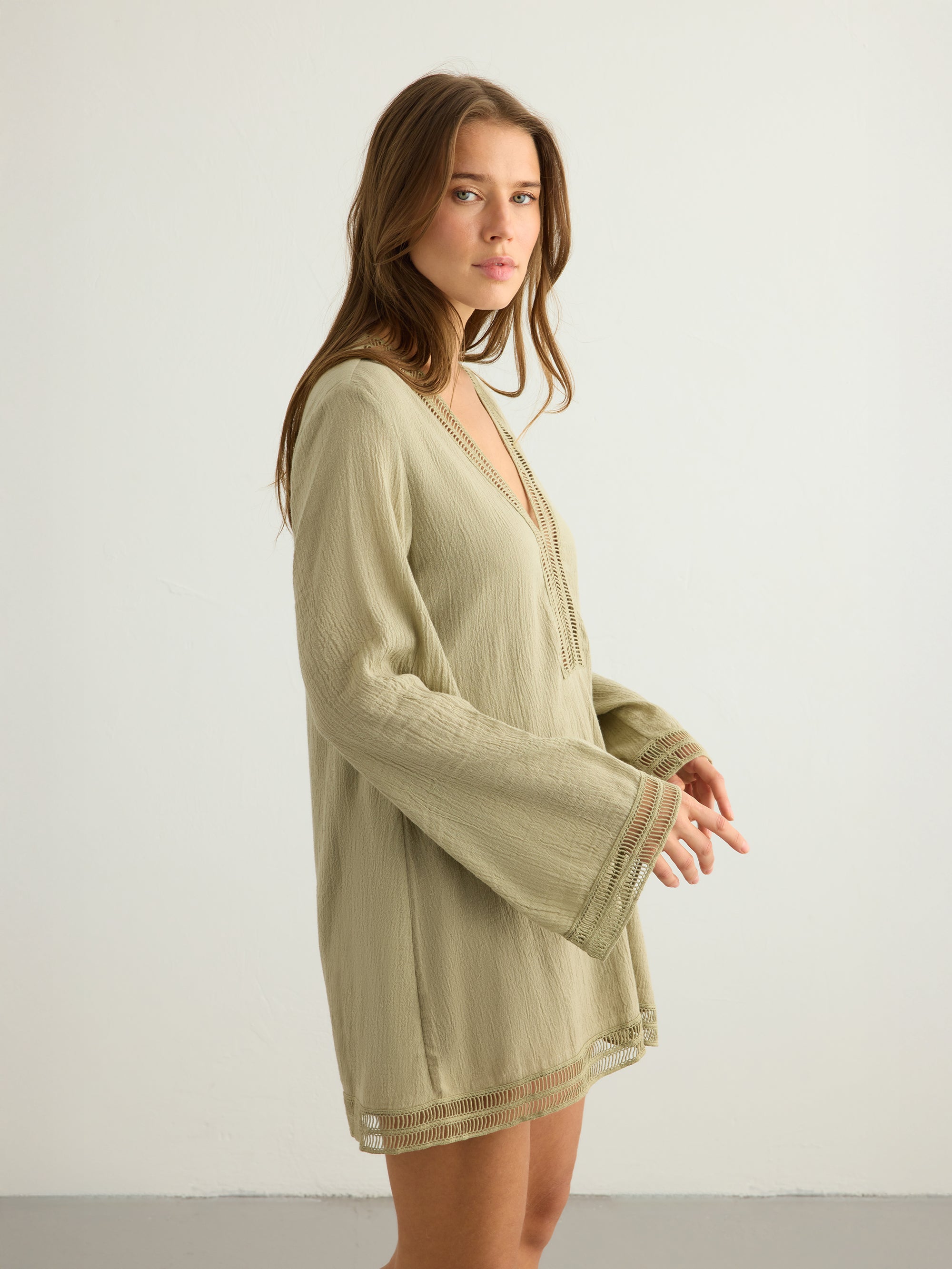 Positano Khaki Green Dress in 100% Turkish Cotton with Lace Trim