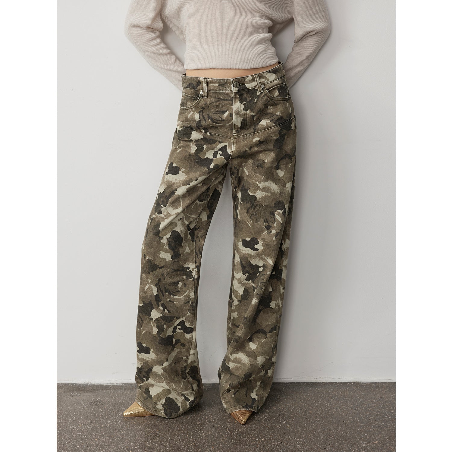 “Camouflage Charm” Washed Camouflage Print Loose Straight-Leg Denim Jeans