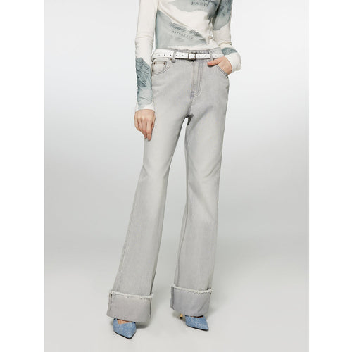 "Blues Time" retro washed distressed flared cuffed jeans, front view