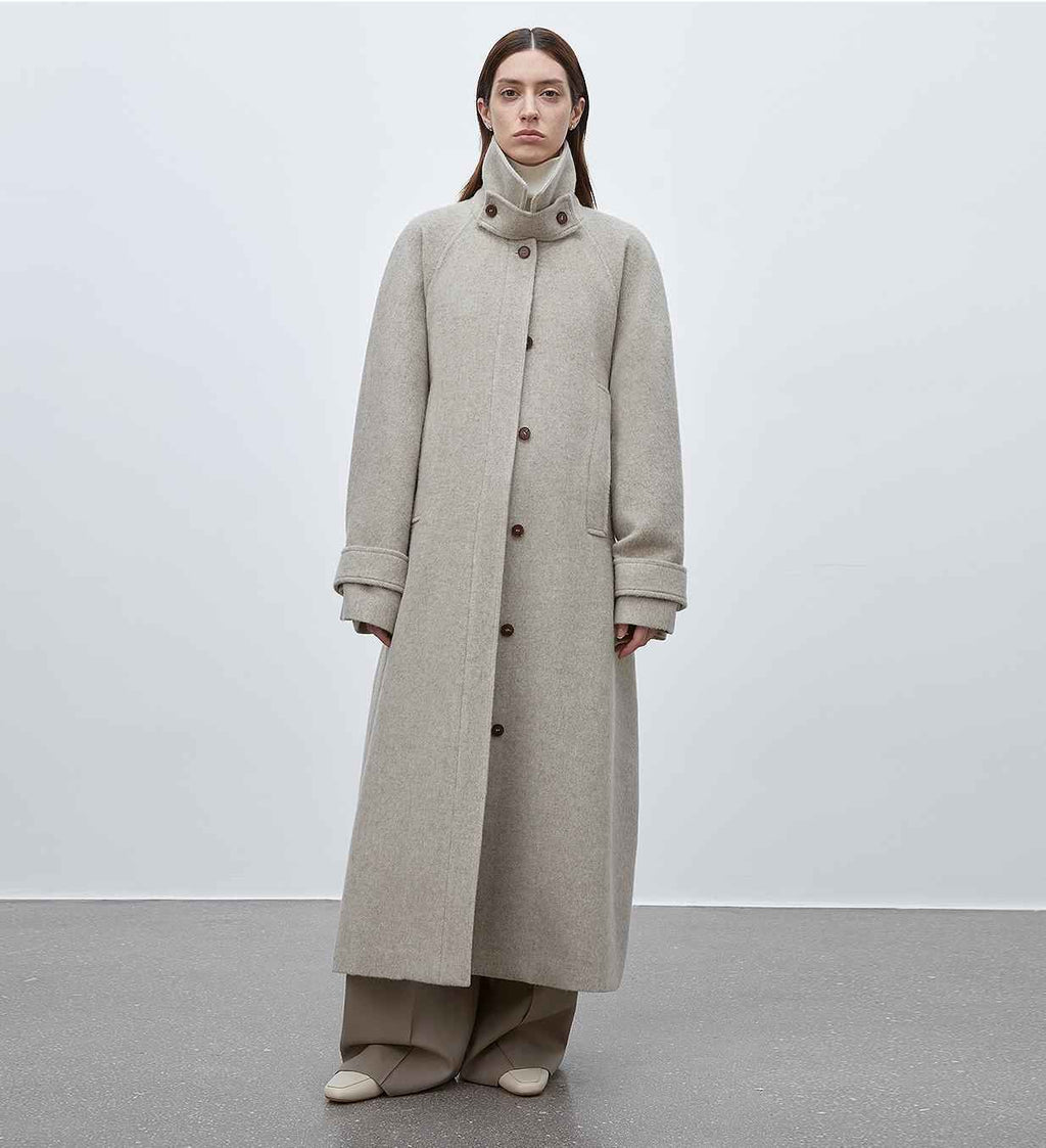 Moonlit Veil Women's Straight-Cut Raglan Sleeve Wool Coat with Double-Layer Detachable Collar