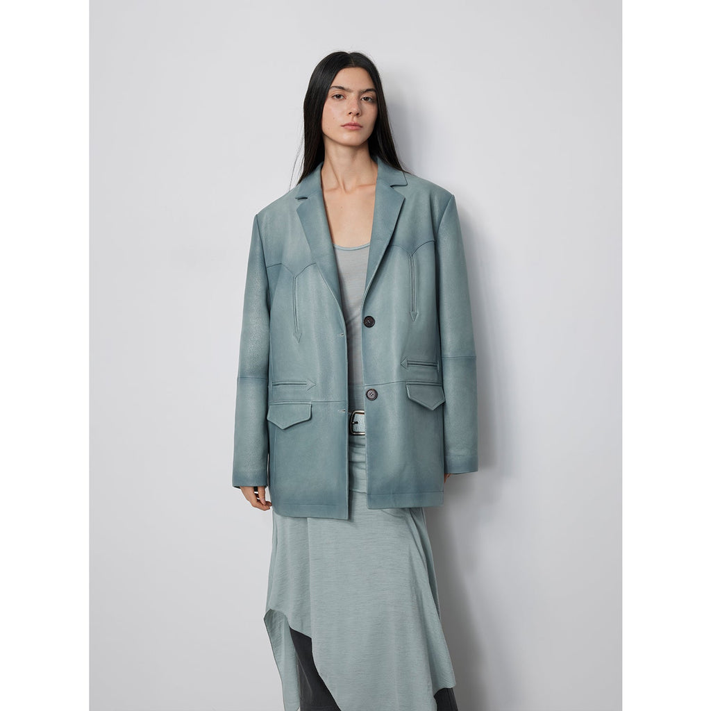 “Nostalgic Denim” Custom-Dyed Washed Goat Leather Blazer for Women and Men