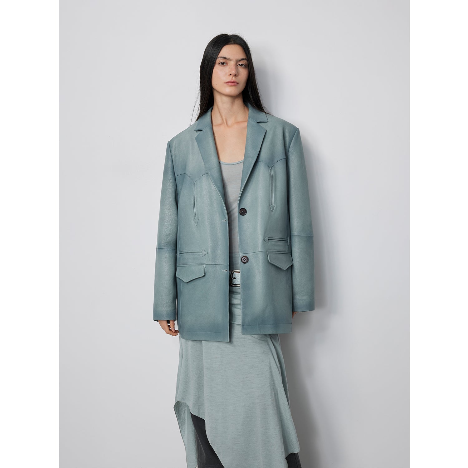 “Nostalgic Denim” Custom-Dyed Washed Goat Leather Blazer for Women and Men