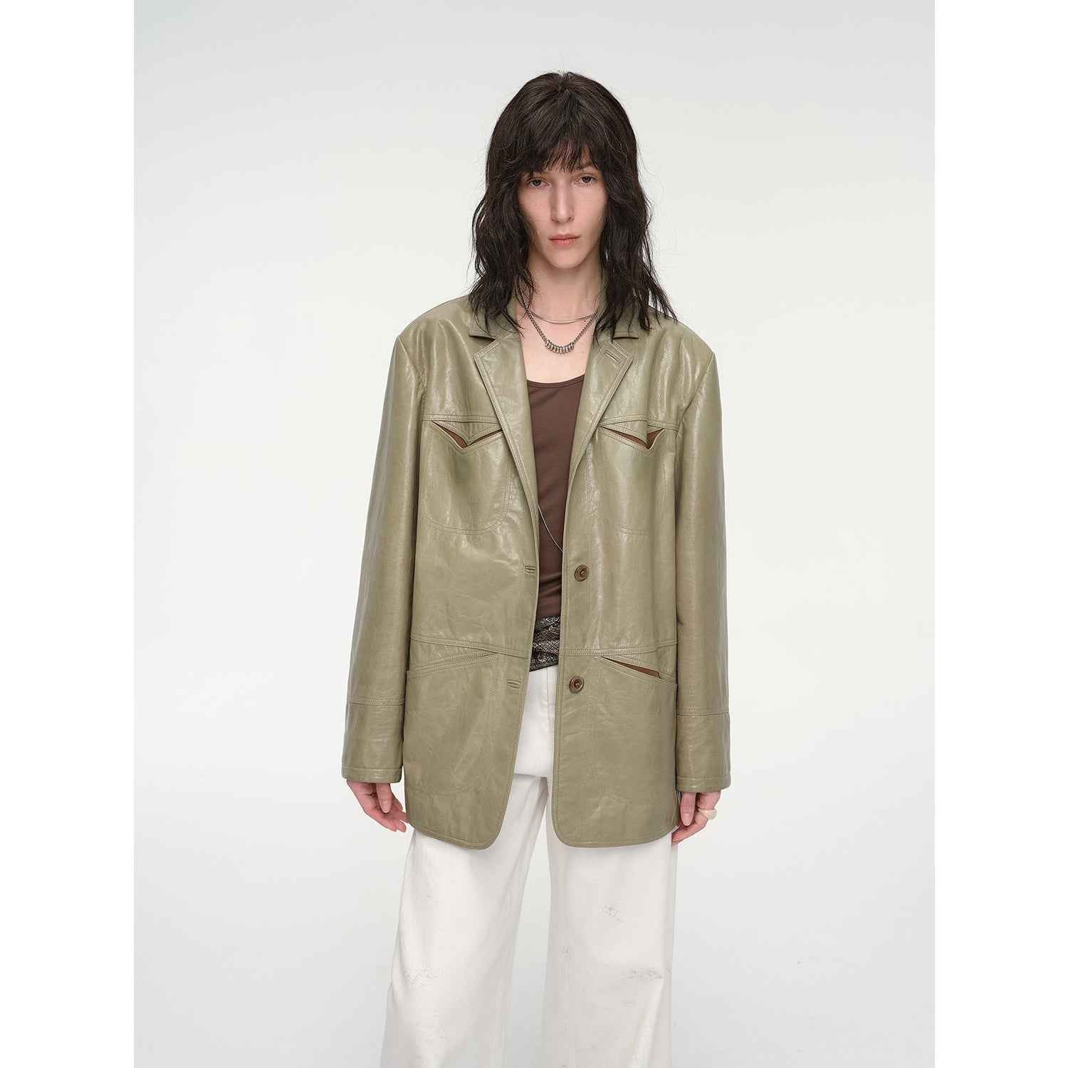 "Windsor Past" Wide-Shoulder Waxed Leather Suit Jacket