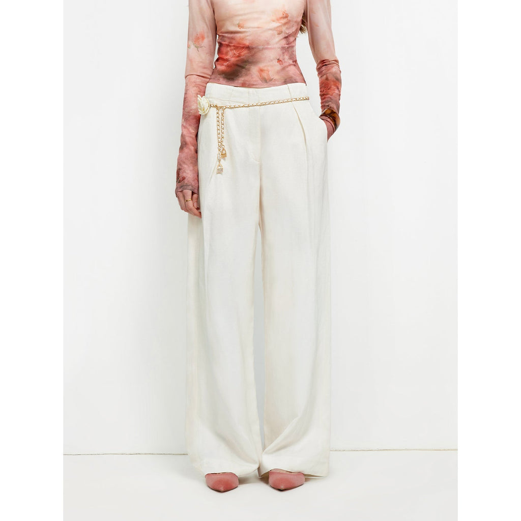 "Relaxed Old Money" Draped Acetate Linen Single-Pleat Wide-Leg Pants