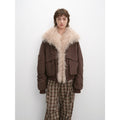 "Winter Is Coming" brown short down parka with cream wool collar, front view