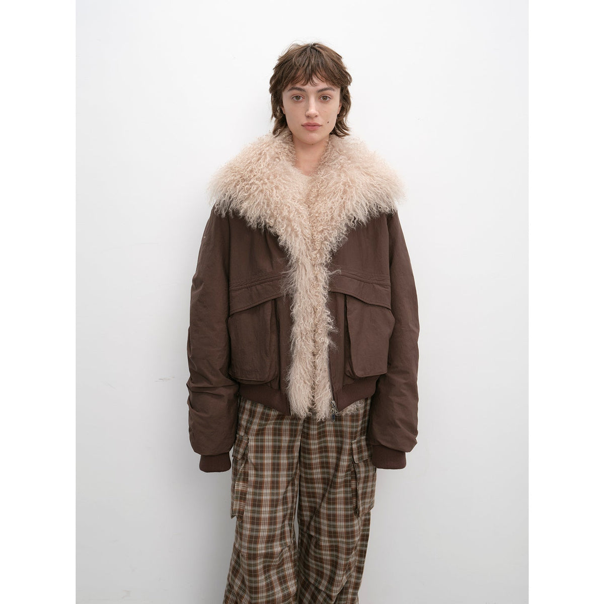 "Winter Is Coming" brown short down parka with cream wool collar, front view