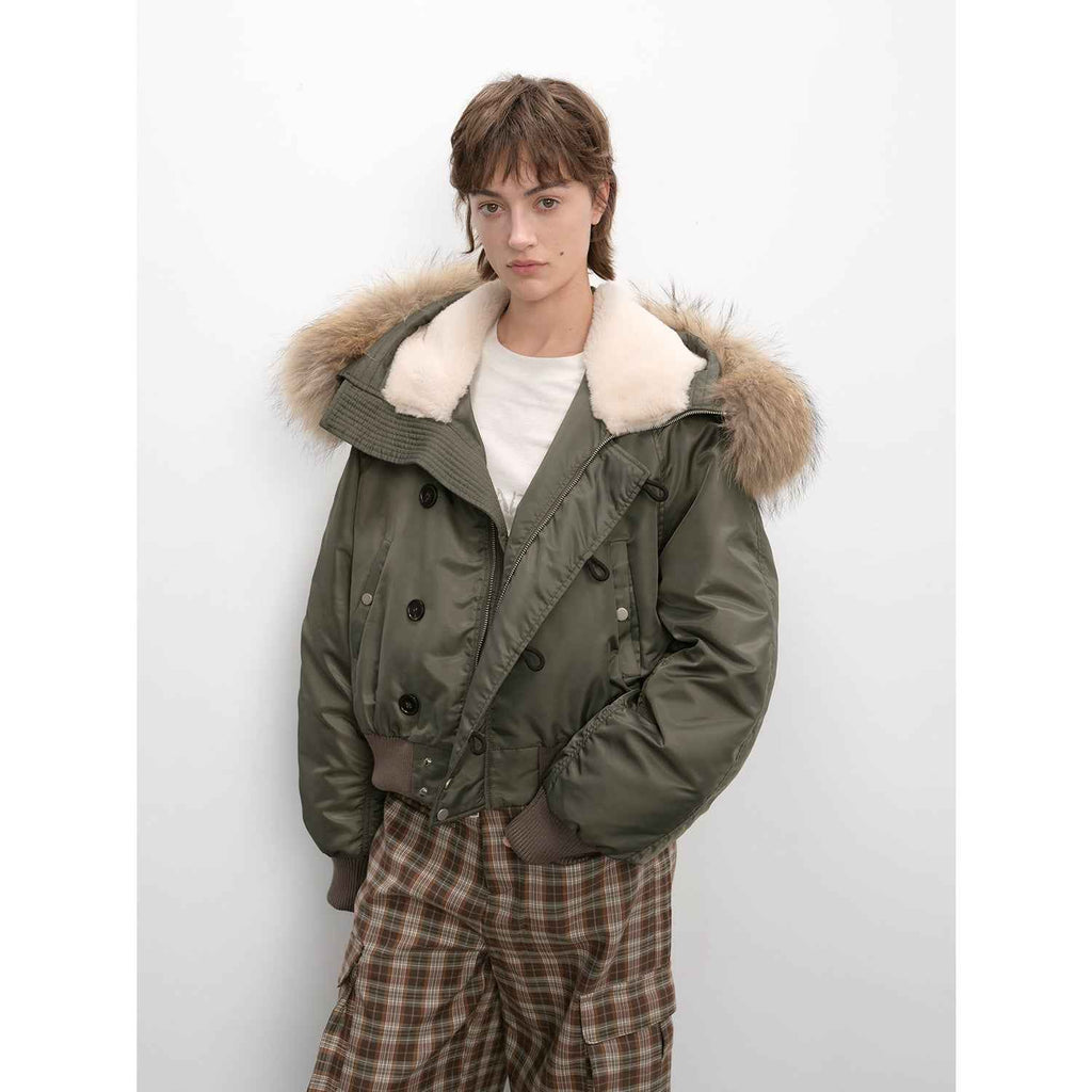 Raccoon Fur Collar Down Bomber Jacket with Detachable Hood and Waterproof Shell
