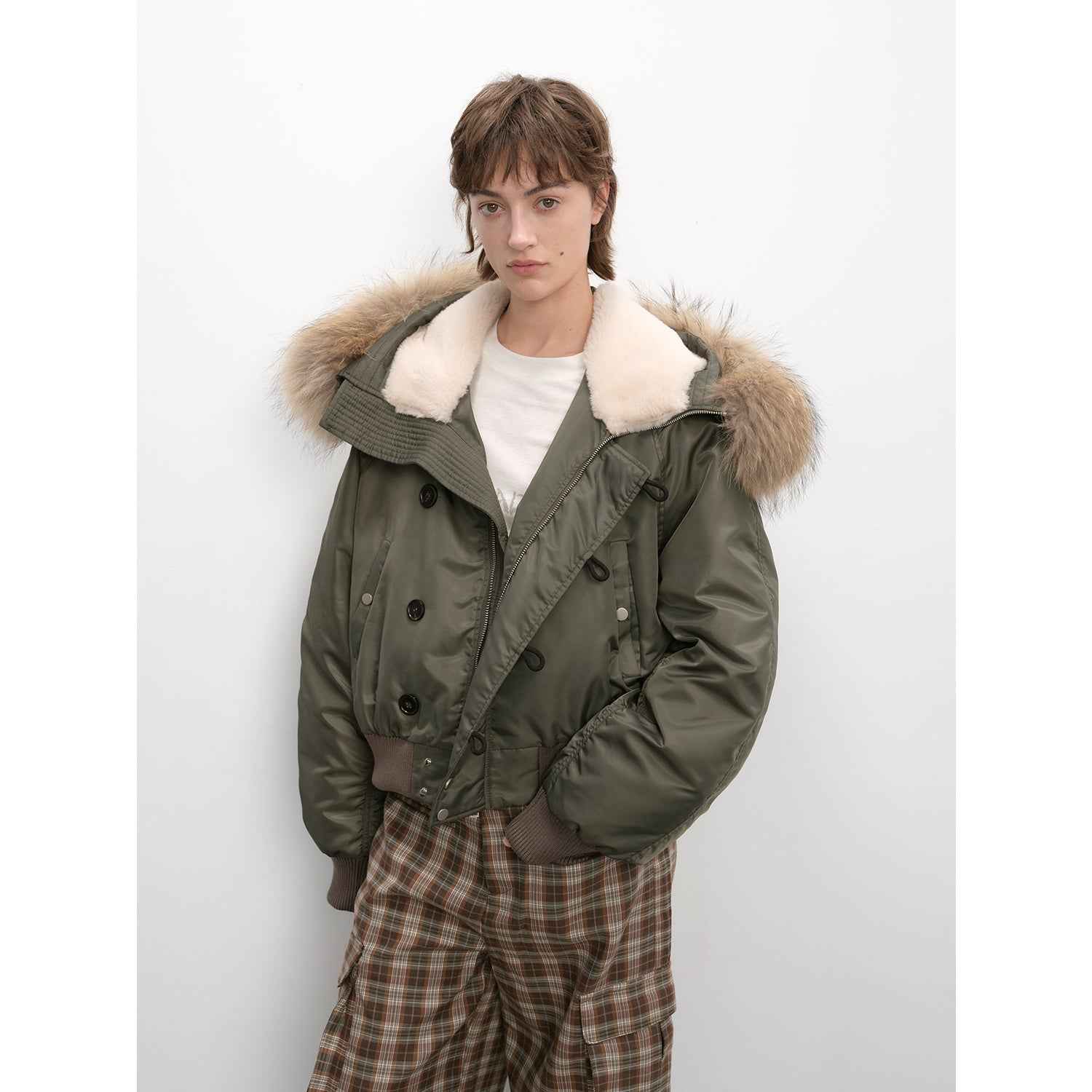 Raccoon Fur Collar Down Bomber Jacket with Detachable Hood and Waterproof Shell