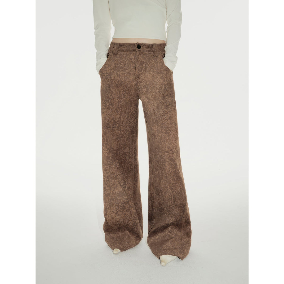 Custom Title — "Vintage Walk" Retro Chenille Suede Mid-Rise Paisley Print Pants