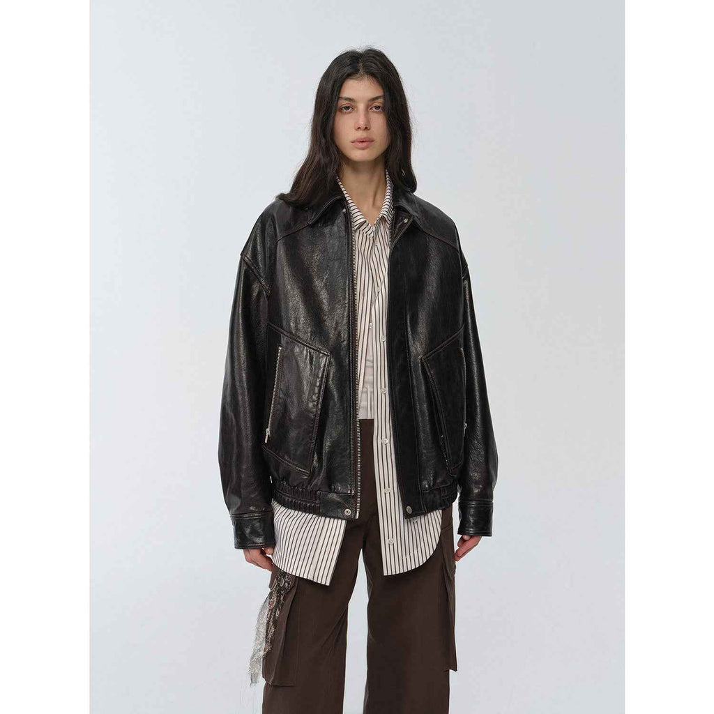 New York International Student Imported Waxed Leather Bomber Jacket