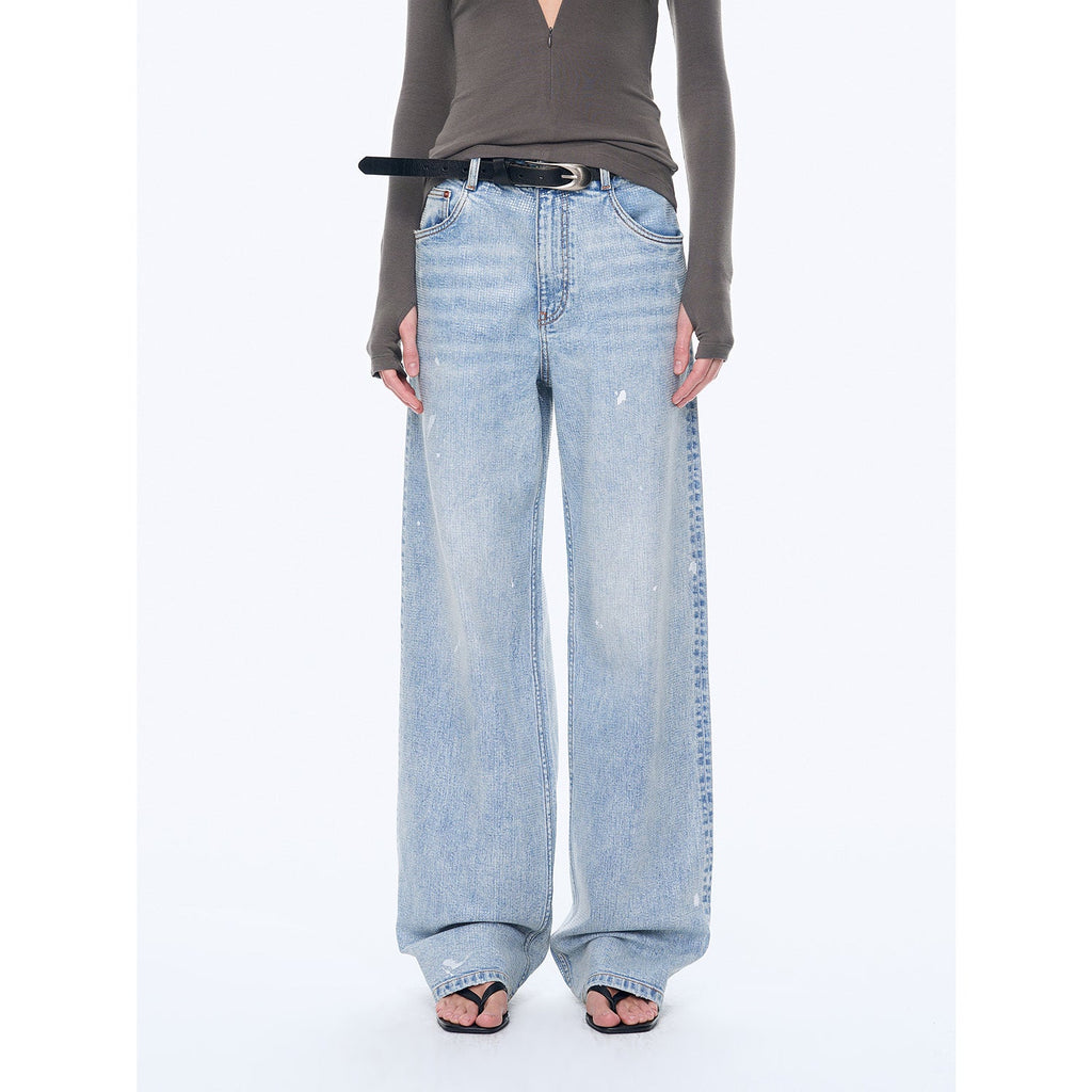“Art Journey” Distressed Dirty-Dyed Tencel Cotton Jeans with Hot-Fixed Sequins