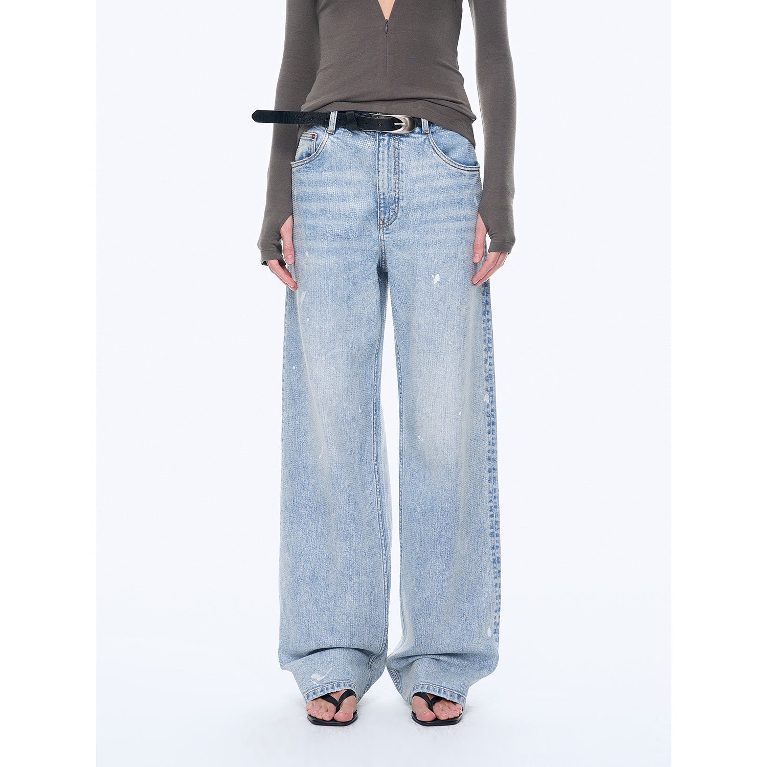 “Art Journey” Distressed Dirty-Dyed Tencel Cotton Jeans with Hot-Fixed Sequins