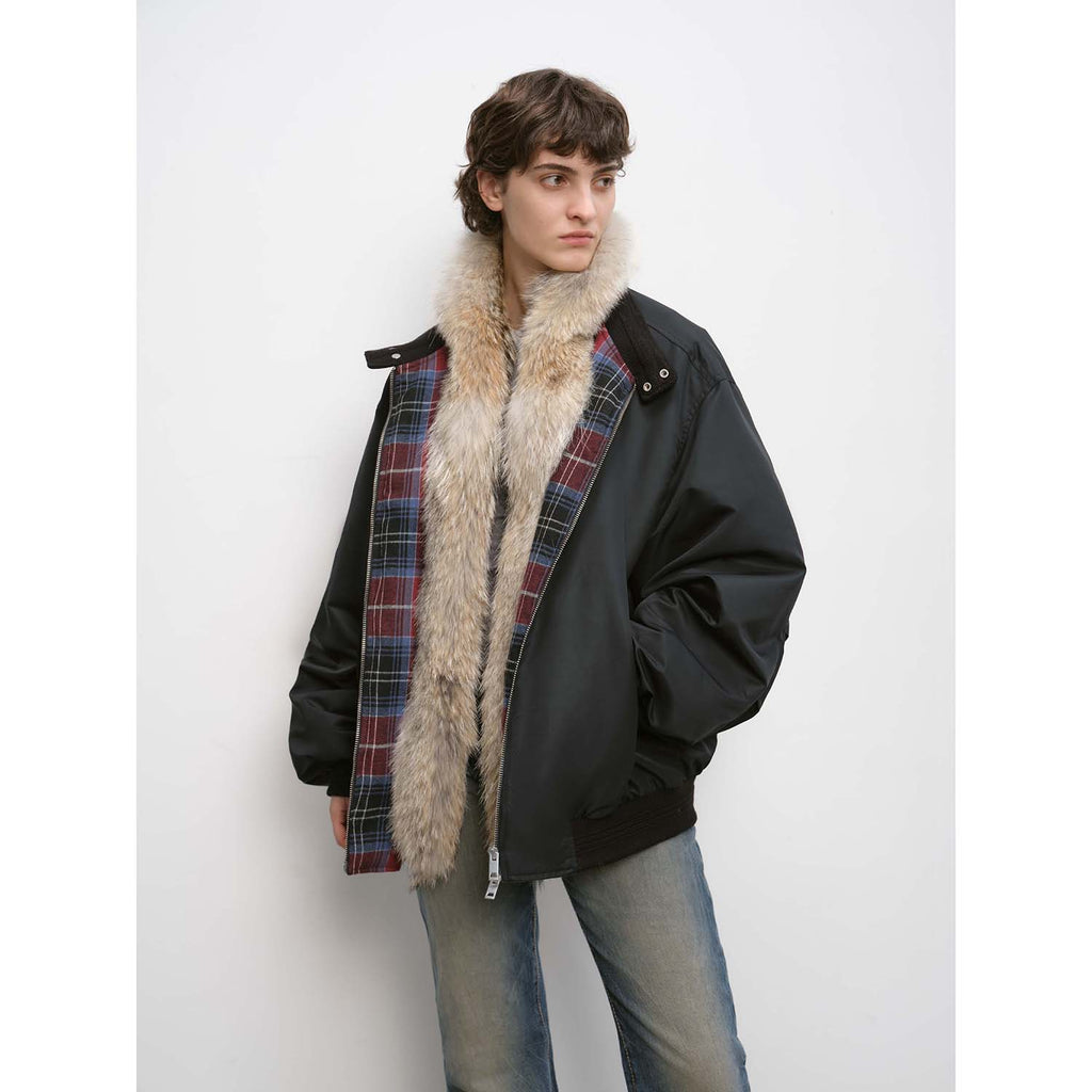 "Urban Casual" lightweight black down parka with fur collar — styled front view
