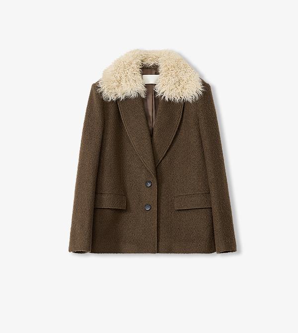 "Vertical Texture" Wool Tweed Coat with Detachable Fur Collar
