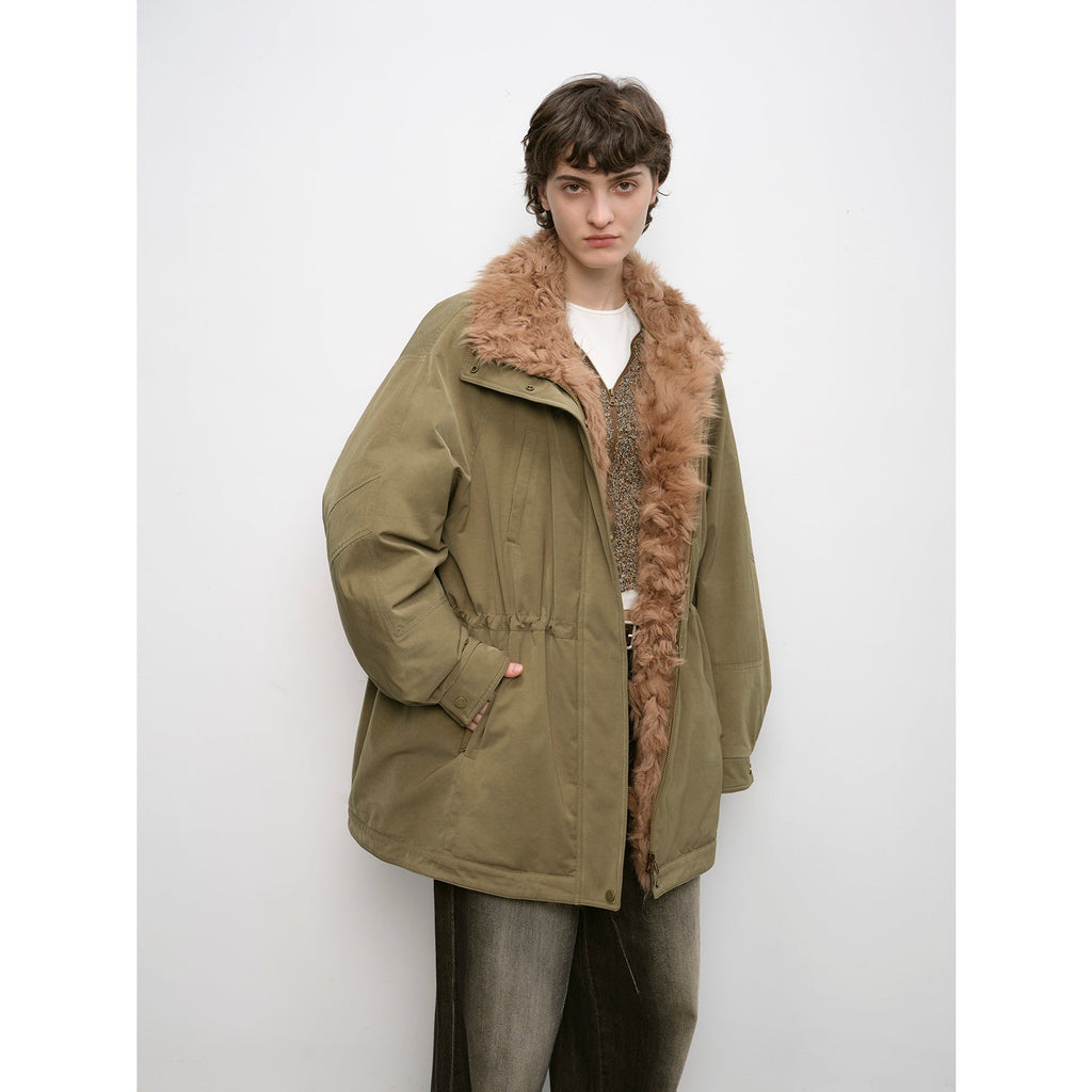 "Amber Pine Forest" Curly Collar 90% Goose Down Mid-Length Parka