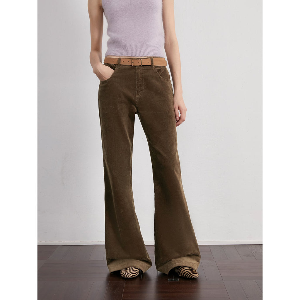 "Seaside Café" dark brown low-waist flared corduroy pants — front view