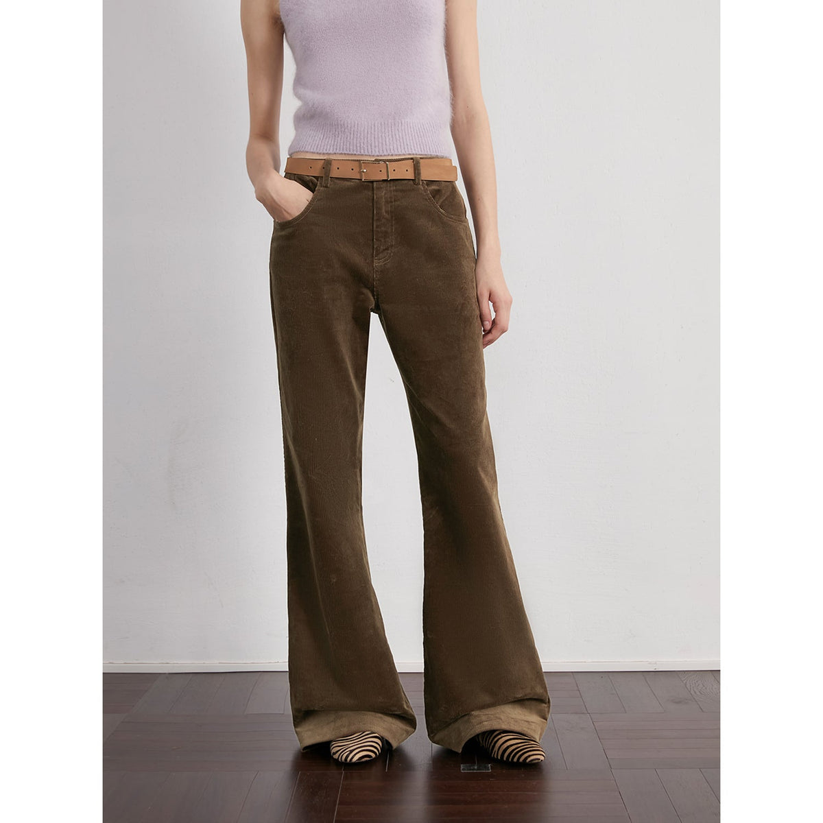 "Seaside Café" dark brown low-waist flared corduroy pants — front view