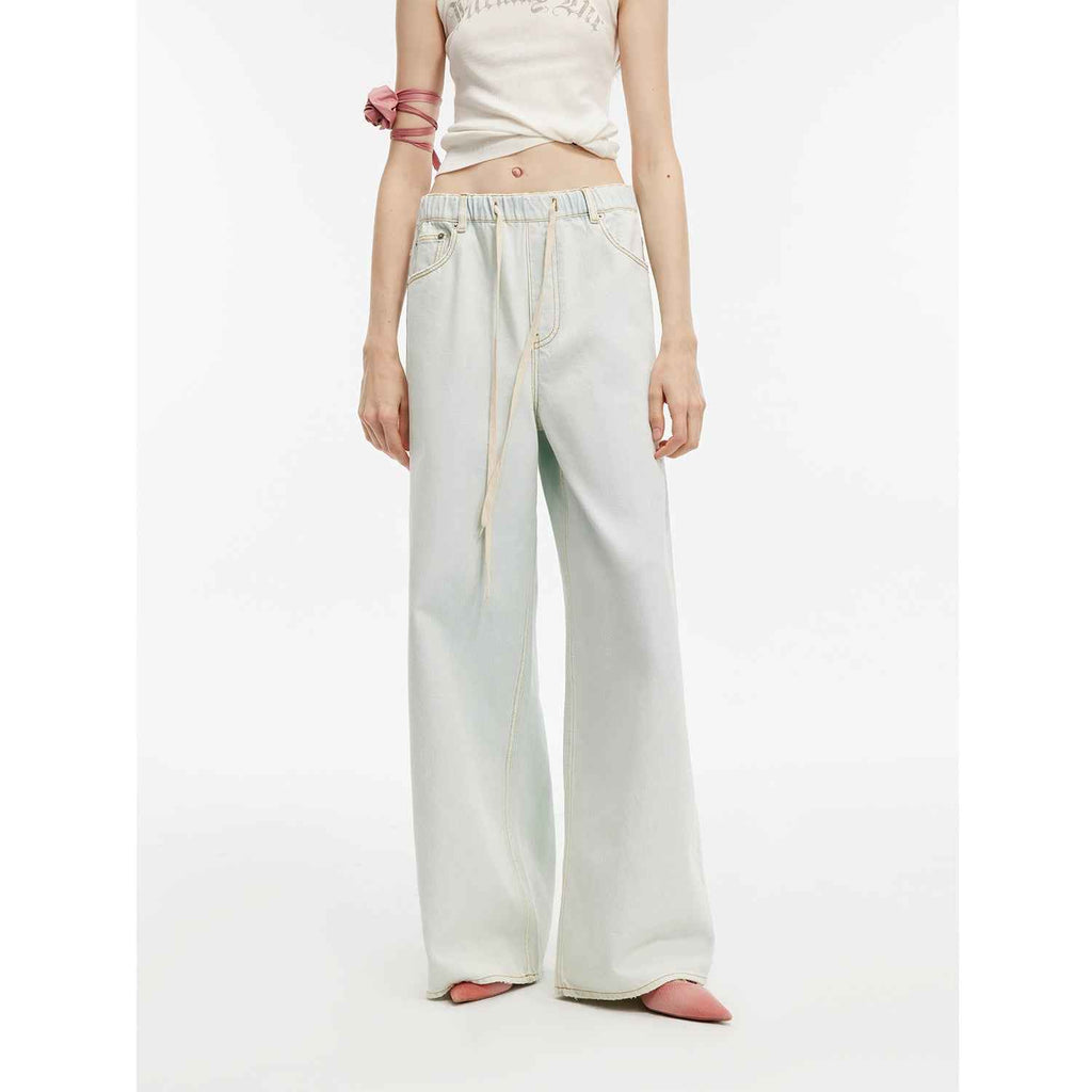 "Mint Whisper" Washed Wide-Leg Jeans with Adjustable Drawstring Waist
