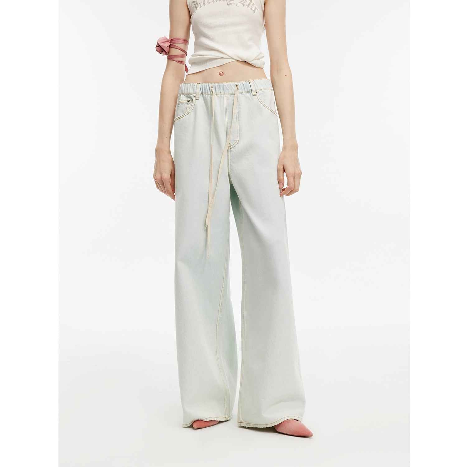 "Mint Whisper" Washed Wide-Leg Jeans with Adjustable Drawstring Waist