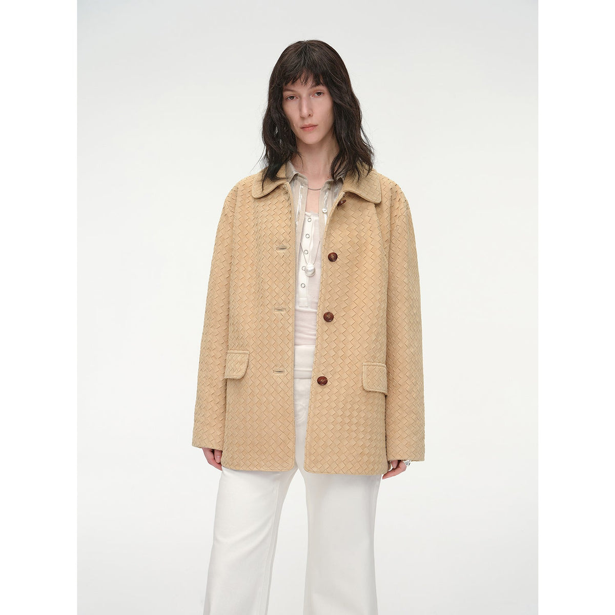 "Rembrandt Night" Perforated Lambskin Woven Leather Jacket in light yellow apricot, front view