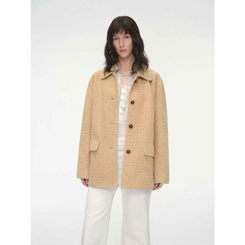 "Rembrandt Night" Perforated Lambskin Woven Leather Jacket - Light Yellow Apricot