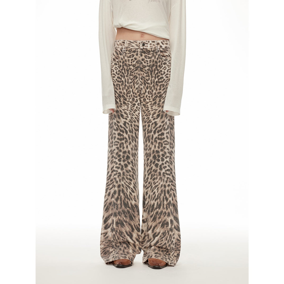 "Wild Roar" Leopard Print Washed Straight-Leg Bootcut Jeans