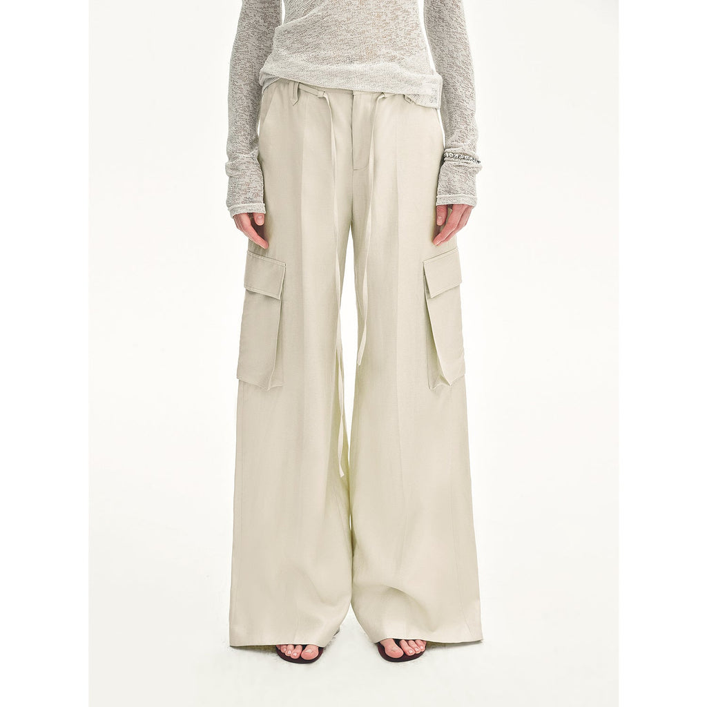"Rhythm in the Same Frequency" Tencel Linen Wide-Leg Workwear Pants in khaki, front view