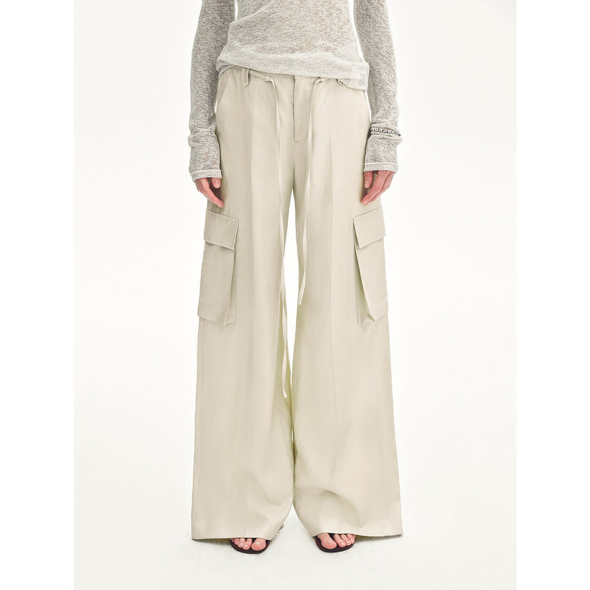 "Rhythm in the Same Frequency" Tencel Linen Wide-Leg Workwear Pants in khaki, front view