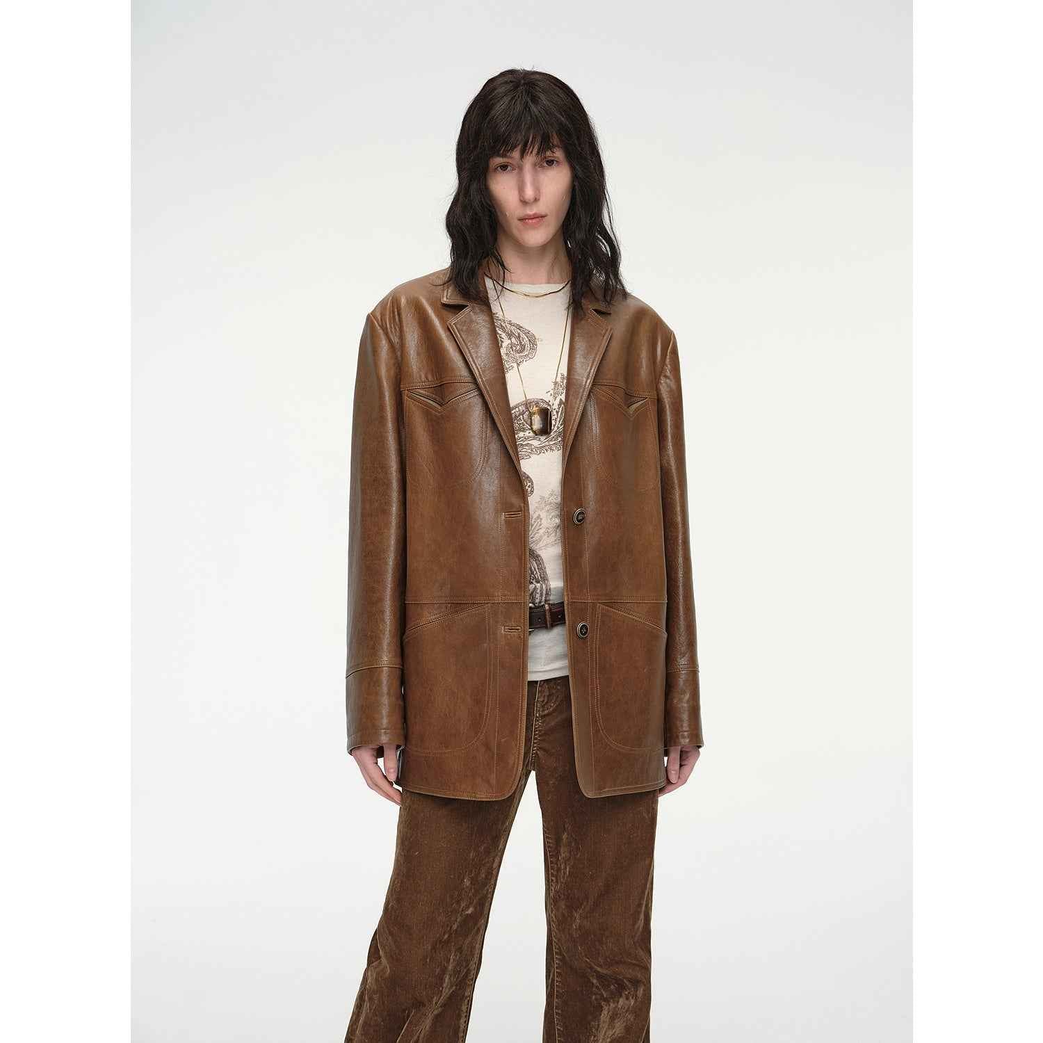 "Windsor Past" Wide-Shoulder Waxed Leather Suit Jacket