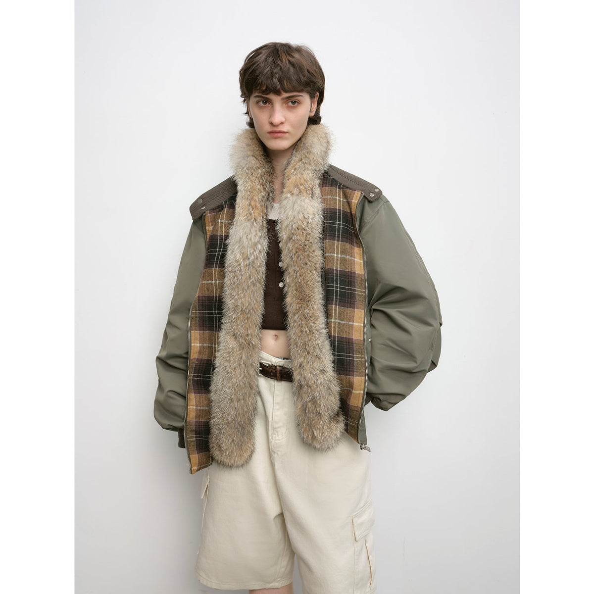 "Urban Casual" Down Parka with Detachable Fur Collar in gray green