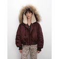 Raccoon Fur Collar Down Bomber Jacket with Detachable Hood and Waterproof Shell in purple, front view