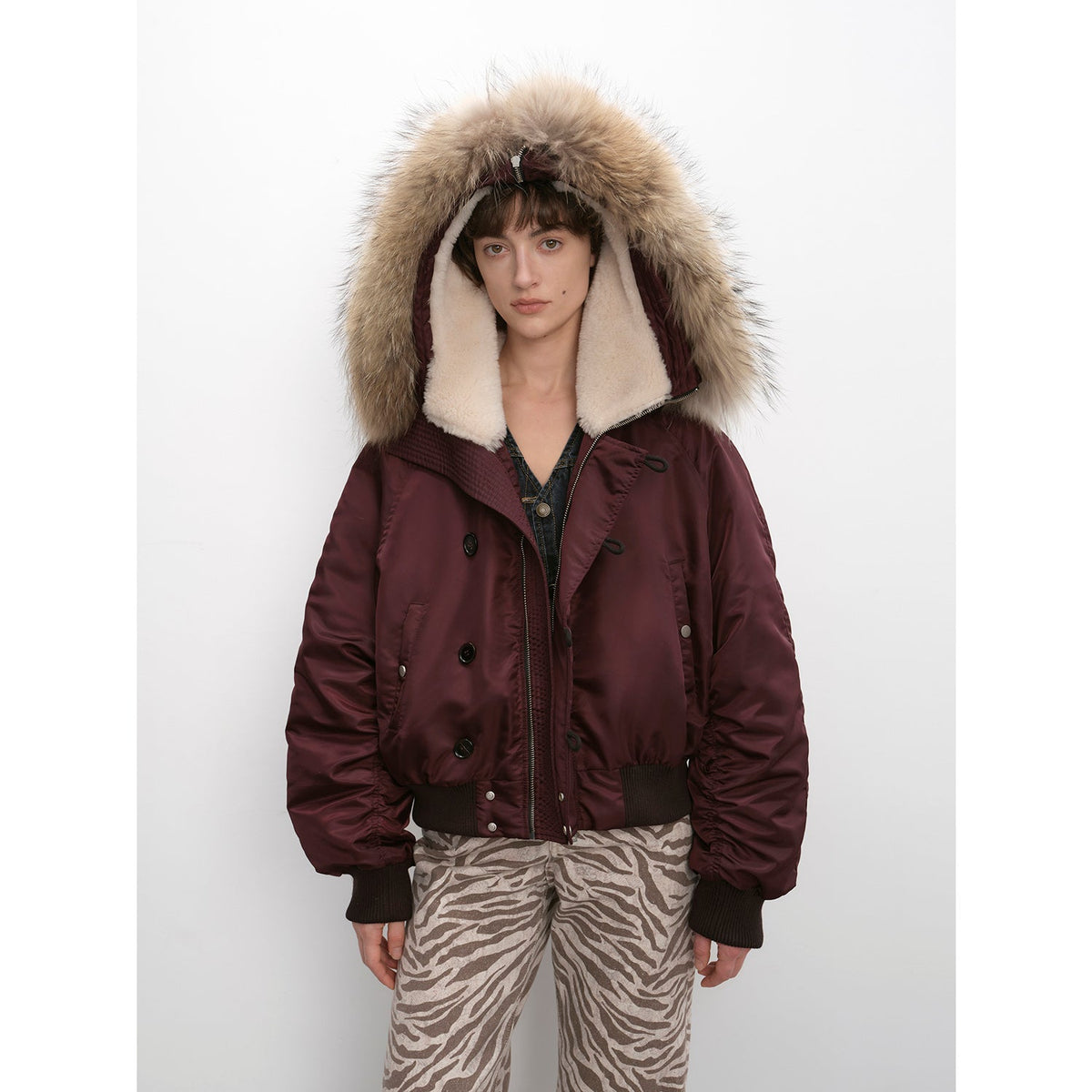 Raccoon Fur Collar Down Bomber Jacket with Detachable Hood and Waterproof Shell in purple, front view