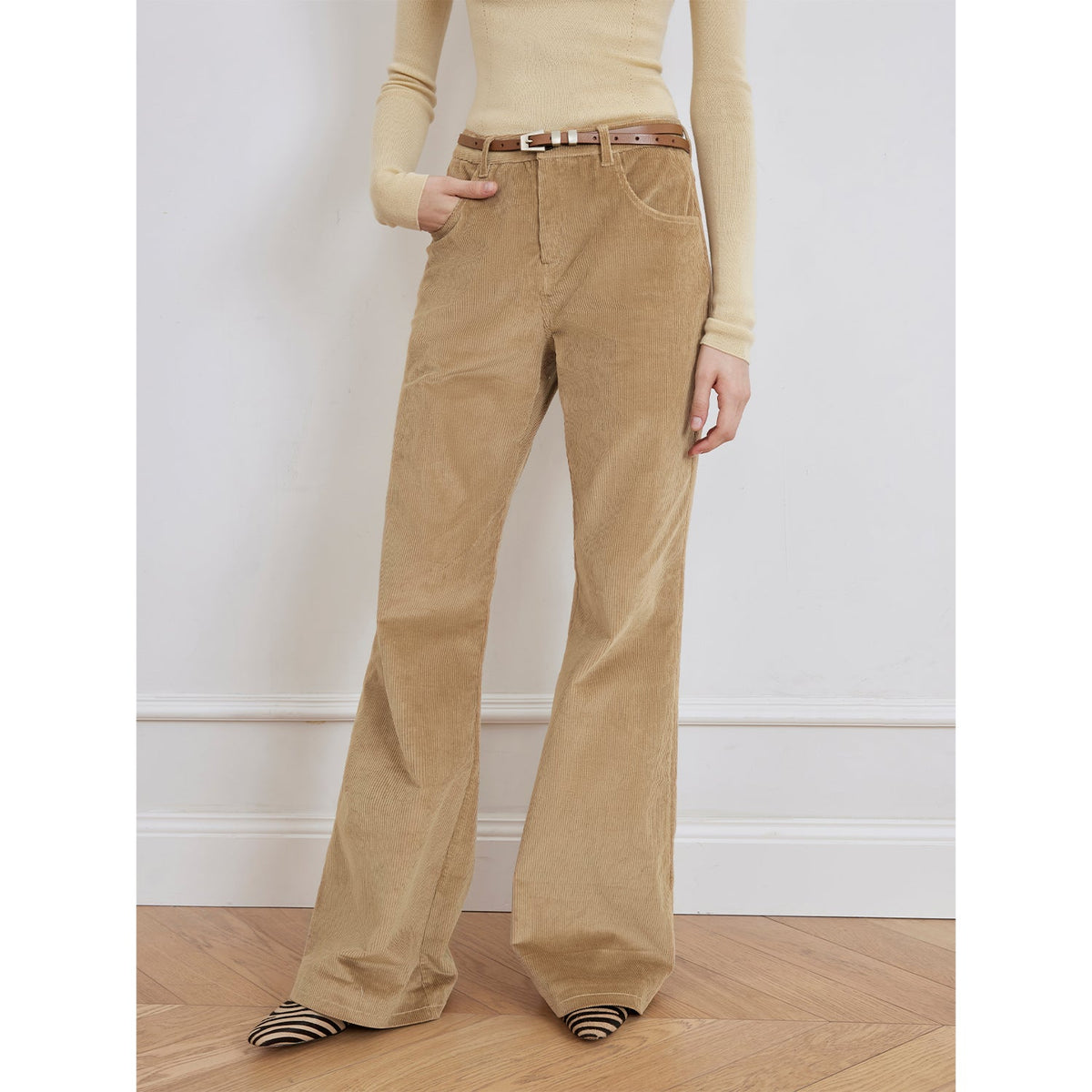 "Seaside Café" Low-Waist Flared Corduroy Pants in khaki