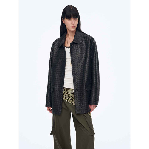 "Rembrandt Night" Perforated Lambskin Woven Leather Jacket