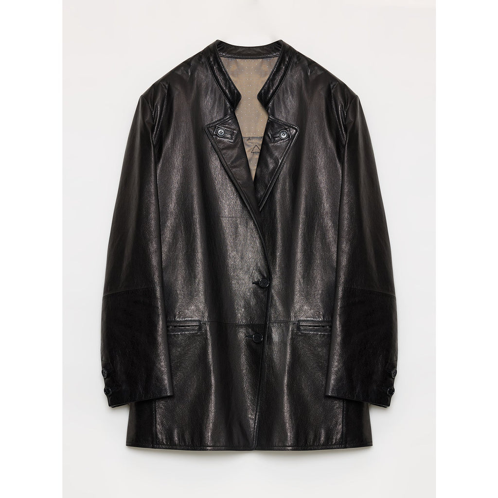 "Bavaria" Vintage Suede & Waxed Goatskin Leather Blazer in black-short, front view