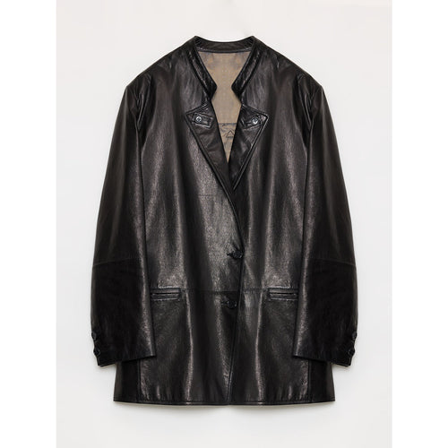 "Bavaria" Vintage Suede & Waxed Goatskin Leather Blazer in black-short, front view